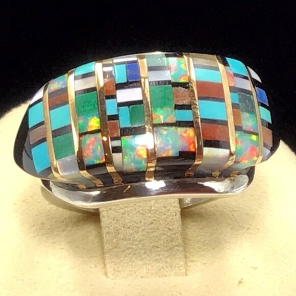 Sterling Silver Native American Zuni Ring Mosaic Design Size 7.25